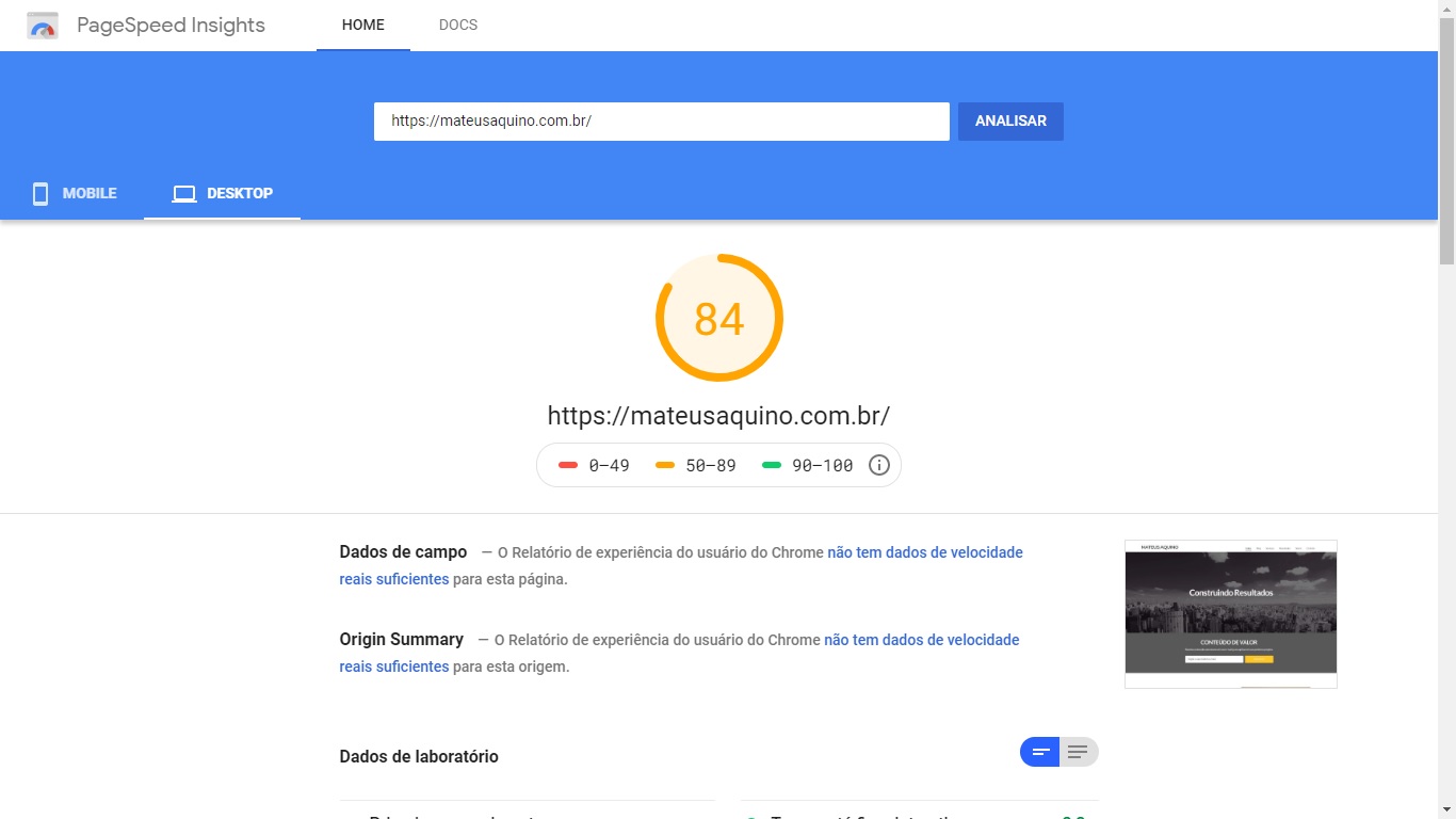 otimização de sites, com imagem de Google Speed Insights, cuja pontuação foi de 84 pontos.